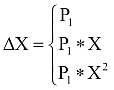 Delta(X)=P1 lineáris, P1*X exponenciális, P1*X négyzet hiperbolikus növekedés esetén
