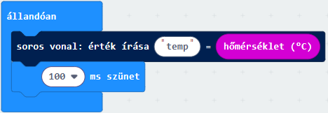 MakeCode: állandóan — soros vonal érték írása „temp” = hőmérséklet (°C), 100 ms szünet