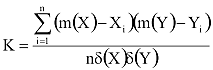 K=Szumma(i=1..n:(m(X)-X(i))*(m(Y)*Y(i))/(n*szórás(X)*szórás(Y))